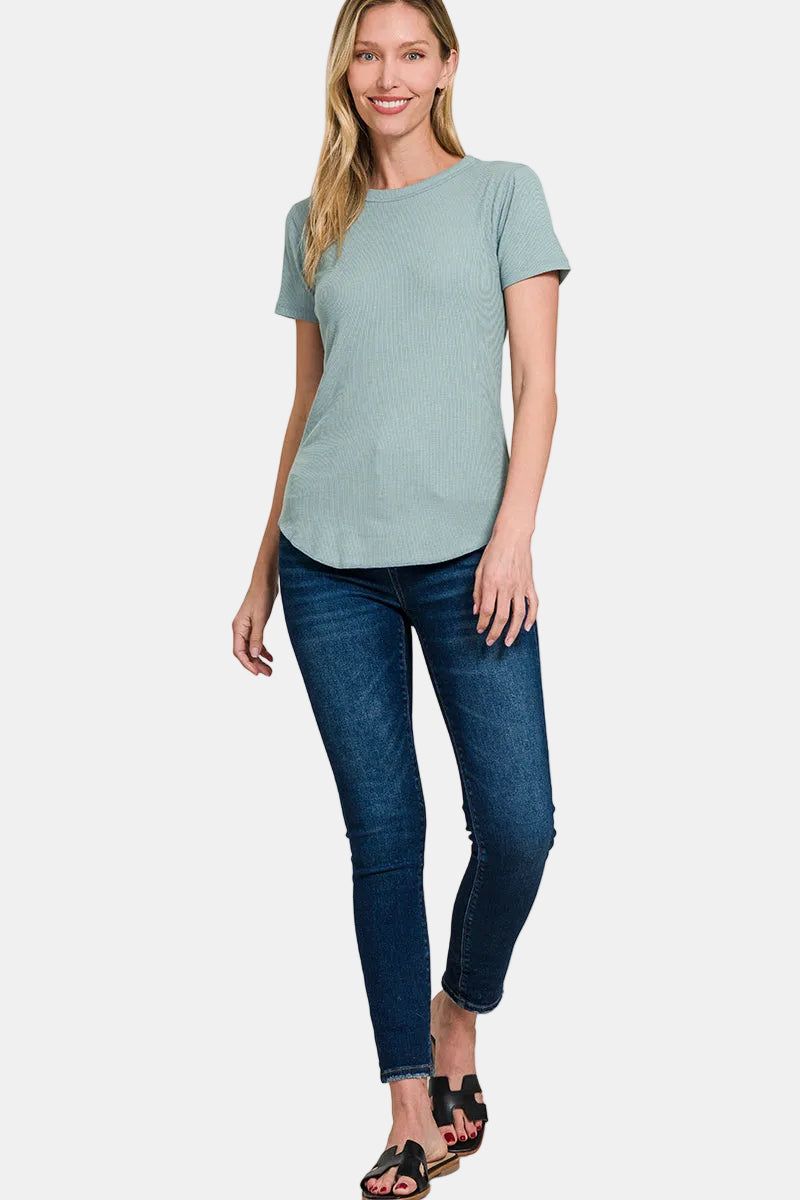 Ribbed Curved Hem Round-Neck Tee / FUCHSIA