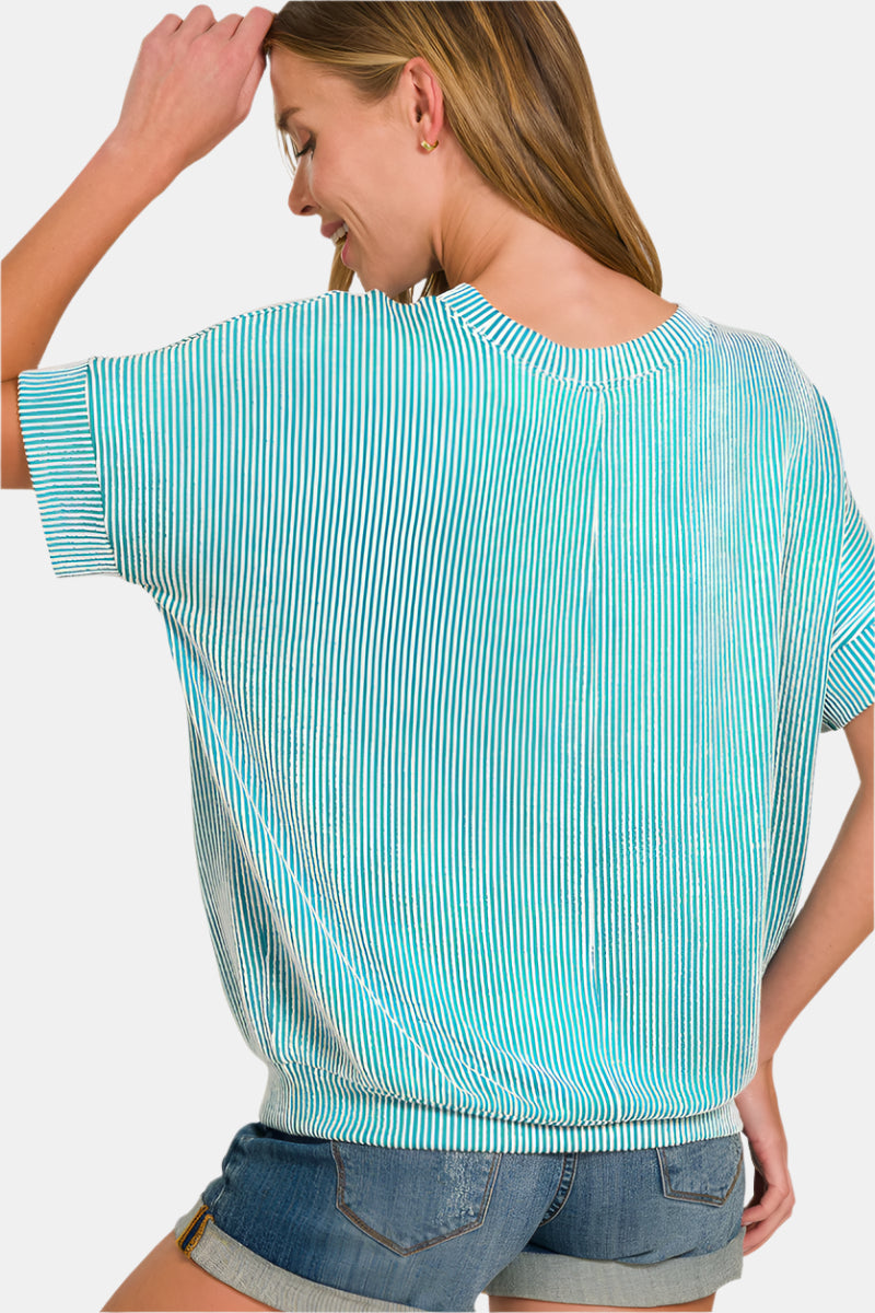 Corded Rib Short Sleeve Top / BROWN