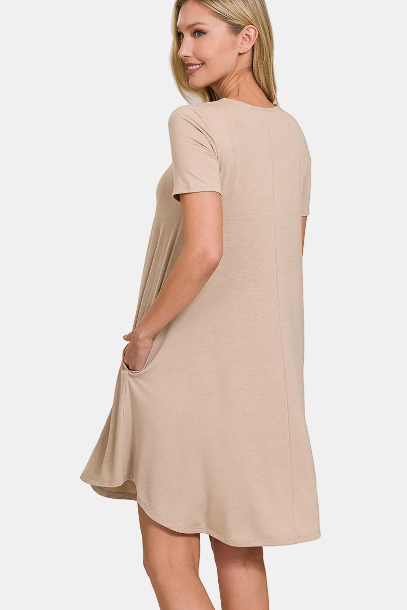 Short Sleeve Round Hem A-Line Dress with Pockets / BLACK