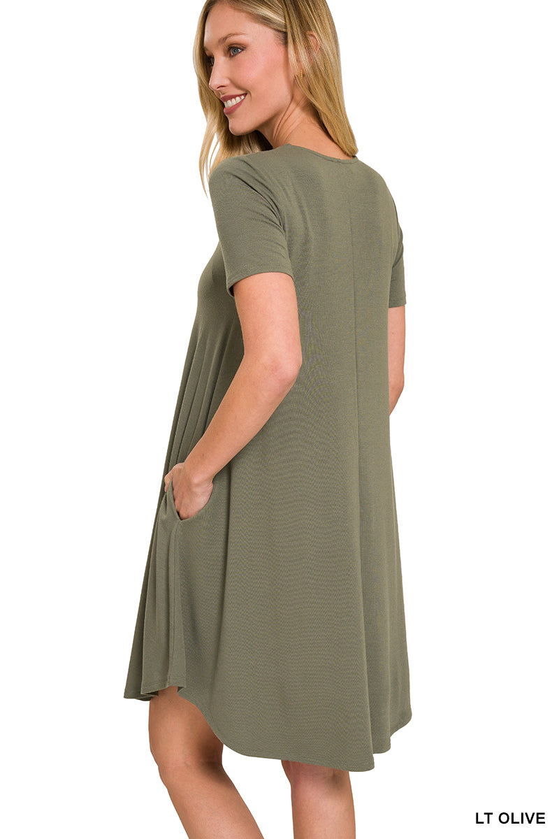 Short Sleeve Round Hem A-Line Dress with Side Pockets / BLACK