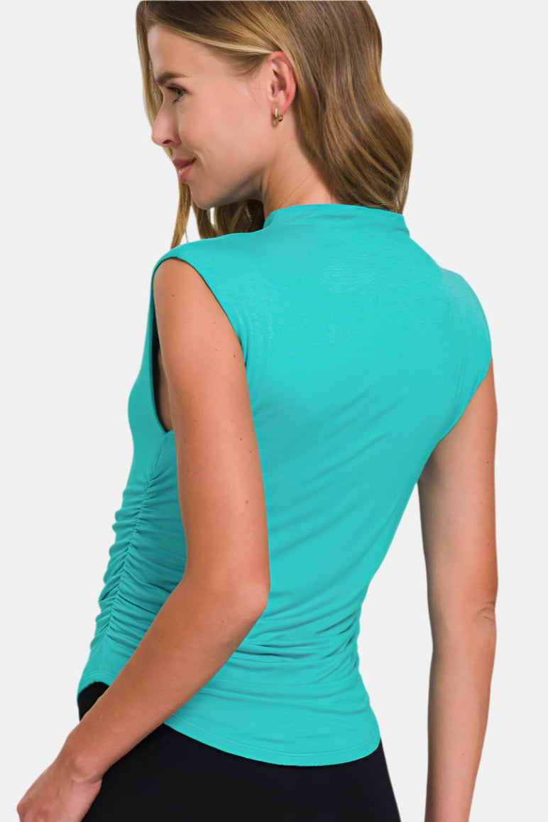Double Layered Ruched Side Mock Neck Top / WHITE