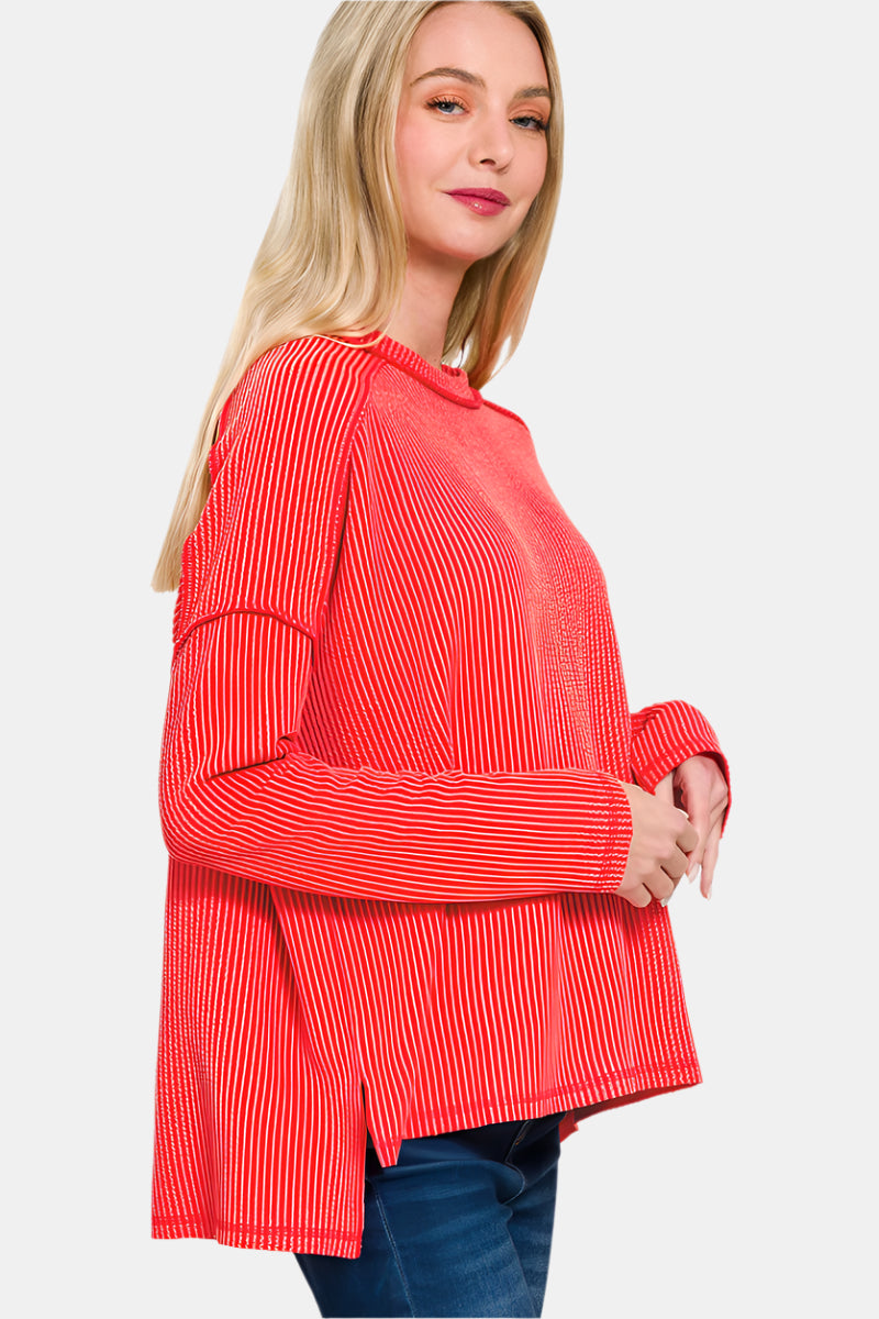 Raised Rib Raw Edge Boat Neck Long Sleeve Top / RUBY