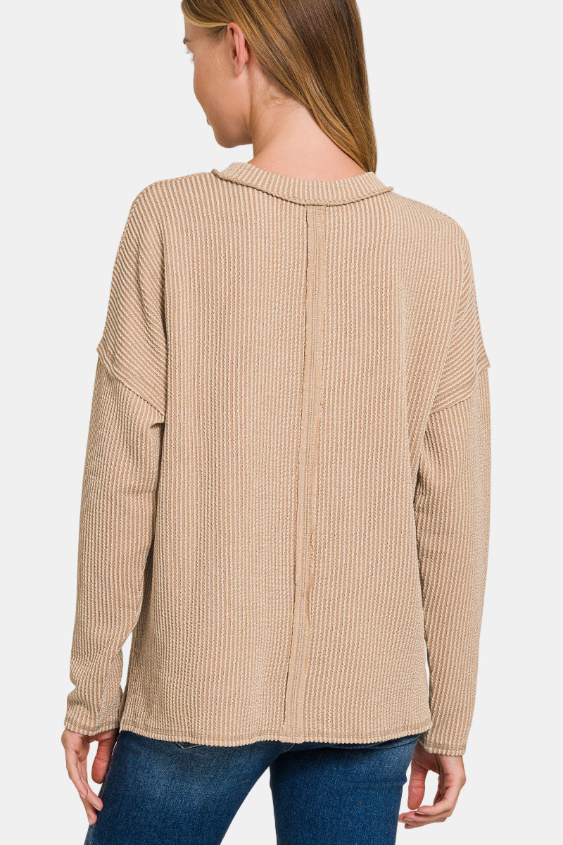 Raised Rib Long Sleeve Drop Shoulder Top / RUBY