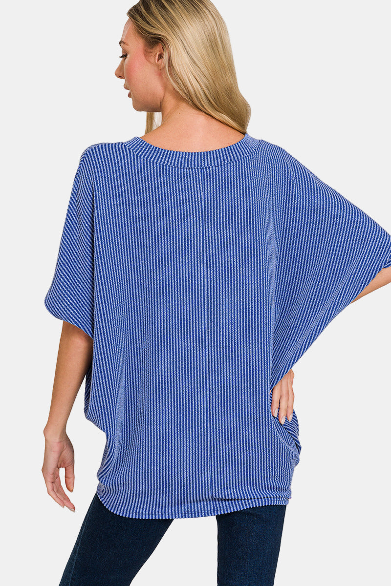 Raised Rib V-Neck Batwing Top / WHITE