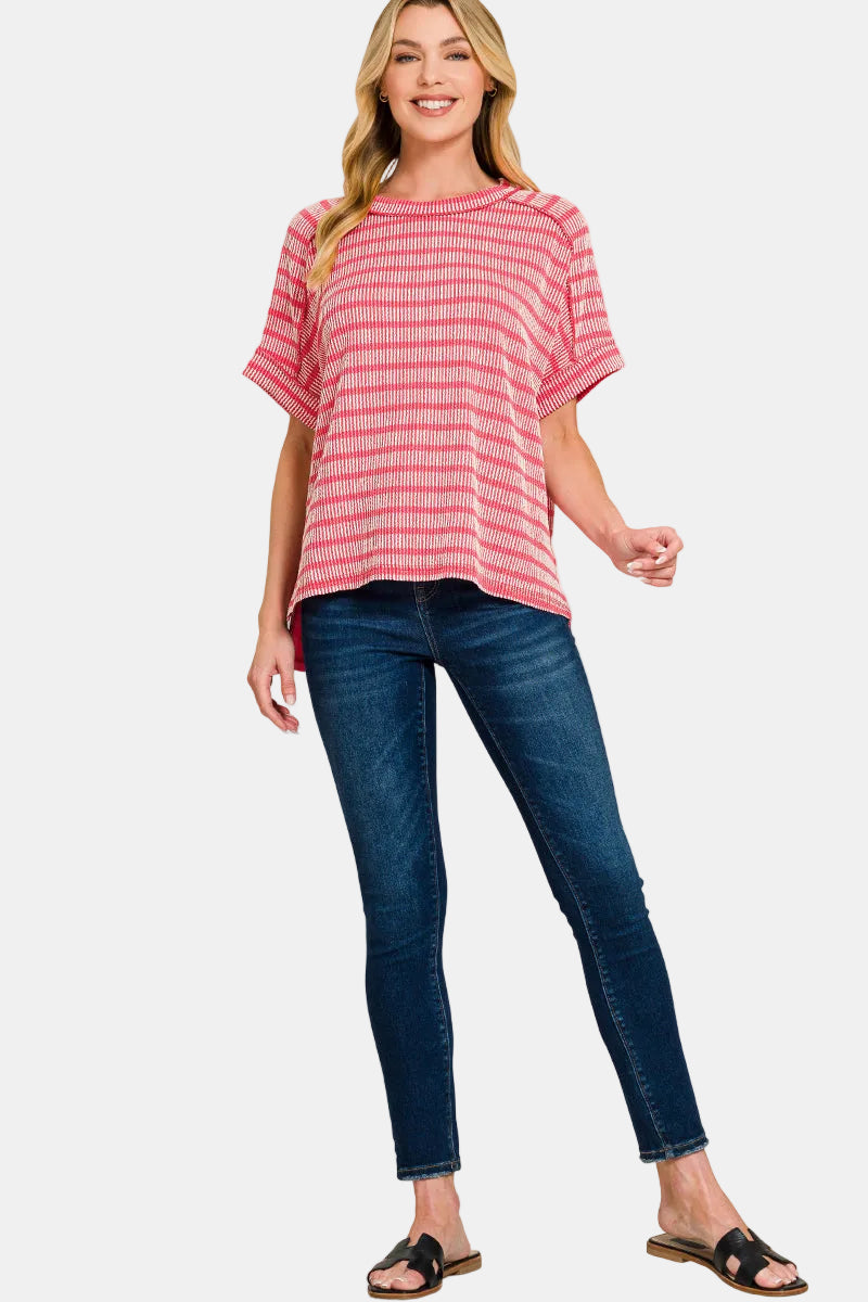 Raised Rib Striped Exposed Seam Top / BLACK