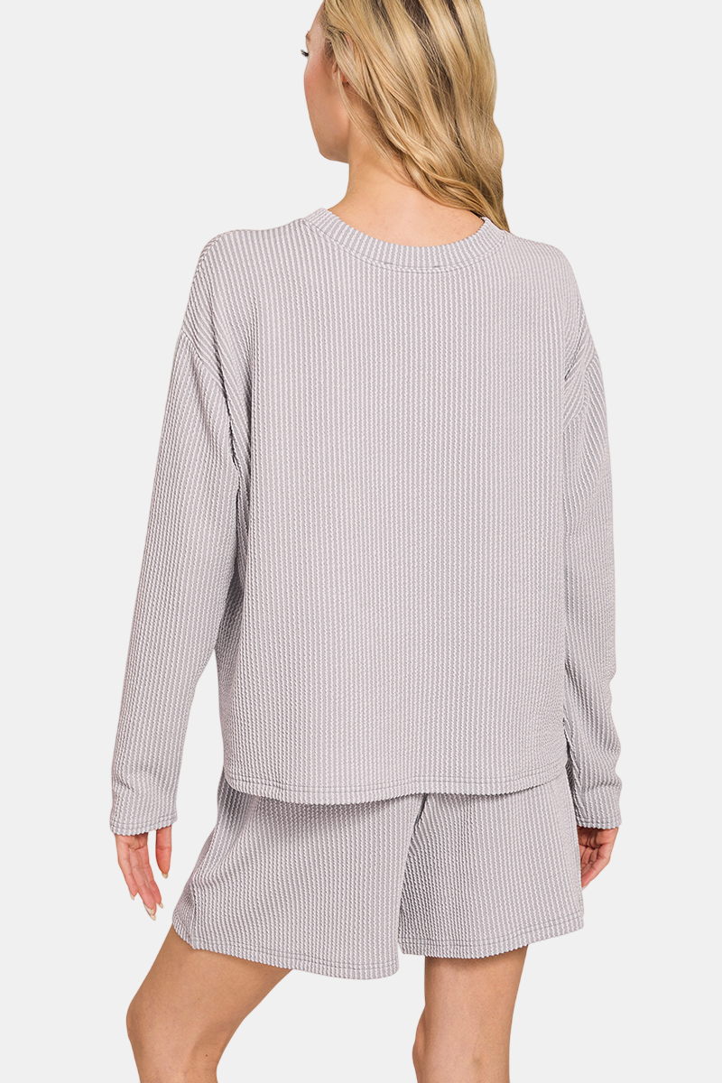 Raised Rib Long Sleeve Tee & Shorts Set / LT MOCHA