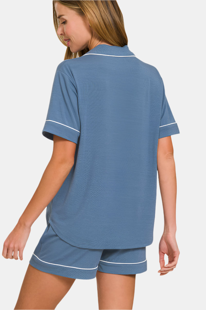 Short Sleeve Button Down Shirt & Shorts Set / LT NAVY