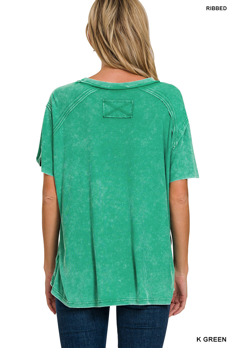 Washed Ribbed Short Sleeve Boat Neck Top / DK GREEN