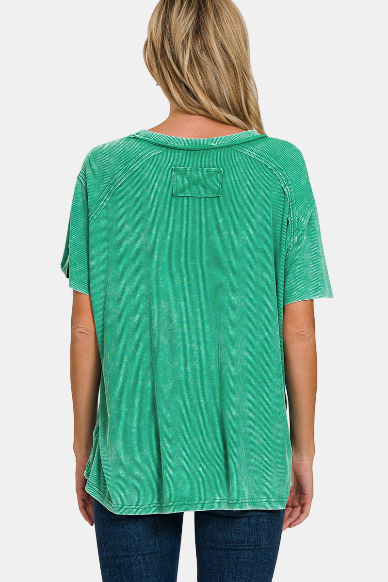 Washed Ribbed Short Sleeve Boat Neck Top / DK GREEN