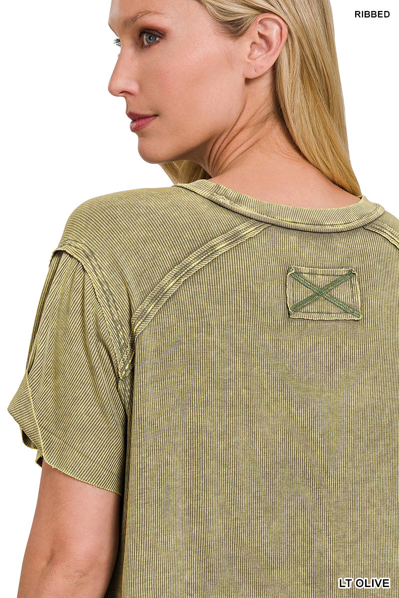 Washed Ribbed Short Sleeve Boat Neck Top / DK GREEN