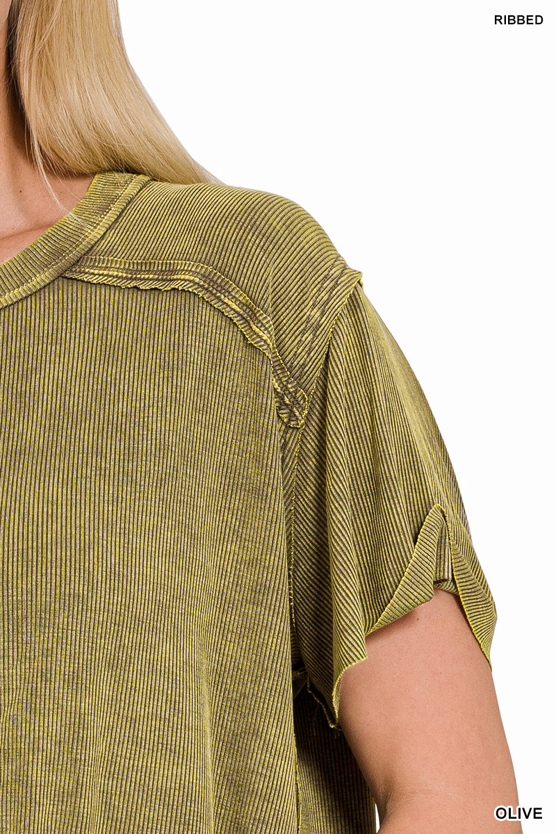 Washed Ribbed Short Sleeve Boat Neck Top / DK GREEN