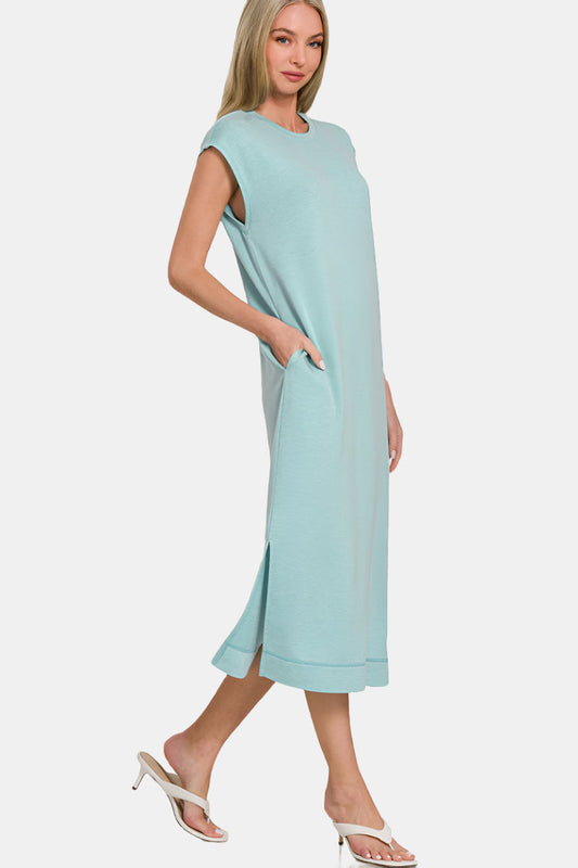 French Terry Sleeveless Round Neck Midi Dress / DUSTY TEAL