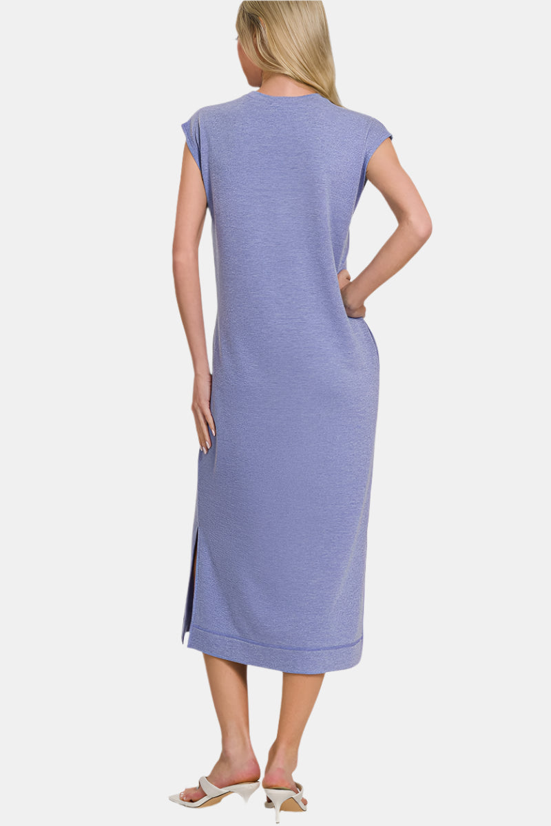 French Terry Sleeveless Round Neck Midi Dress / DUSTY TEAL