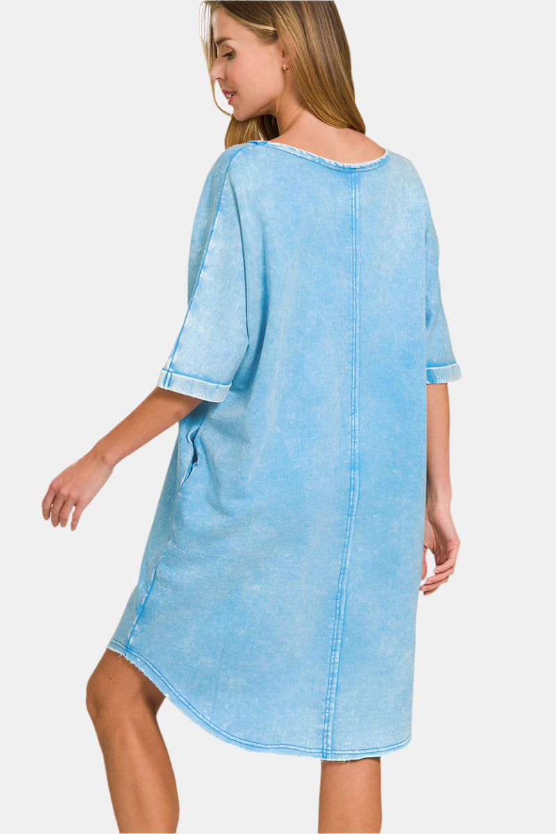 Acid-Washed French Terry Tee Shirt Dress / ASH BLUE