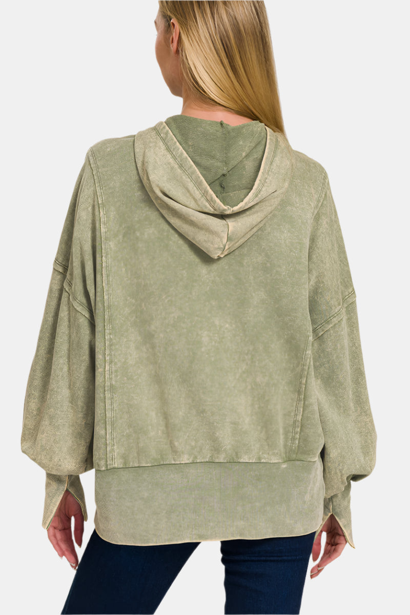 Acid Washed French Terry Zip-up Hoodie w/ Pockets / FUCHSIA
