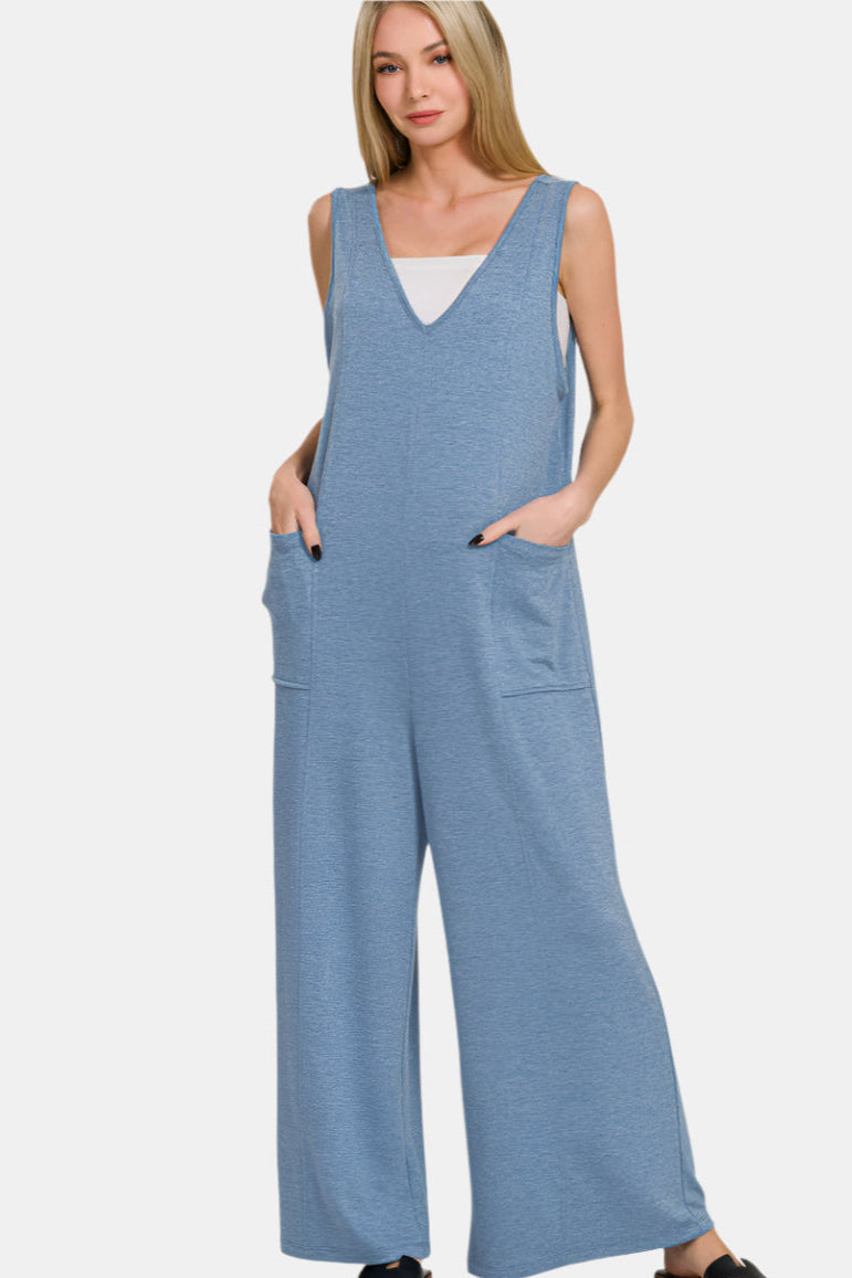 French Terry Deep V-Neck Jumpsuit / DUSTY BLUE