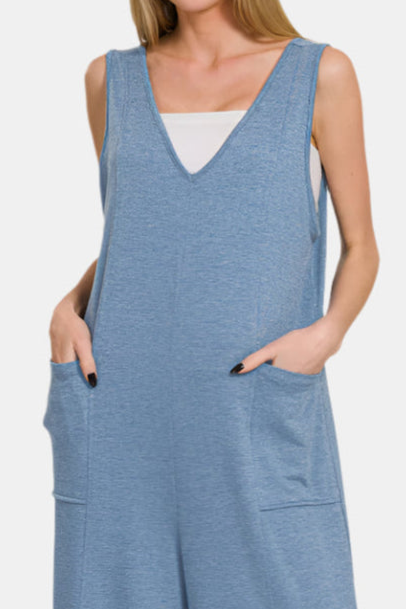 French Terry Deep V-Neck Jumpsuit / DUSTY BLUE