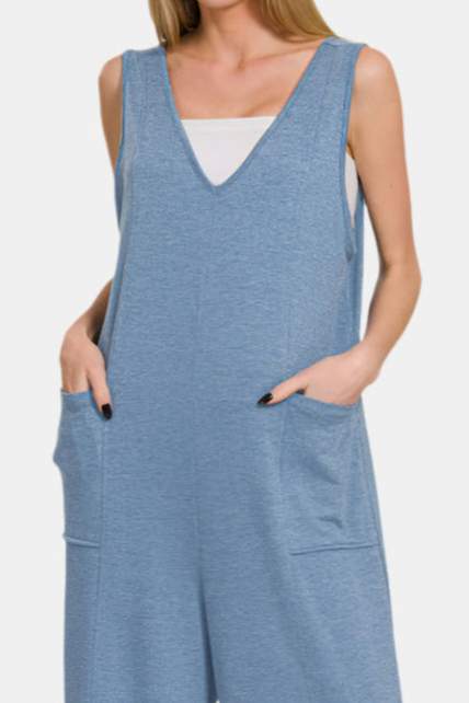 French Terry Deep V-Neck Jumpsuit / DUSTY BLUE