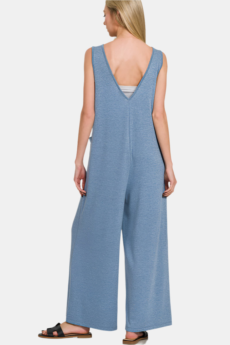 French Terry Deep V-Neck Jumpsuit / DUSTY BLUE