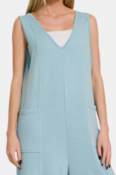 French Terry Deep V-Neck Jumpsuit / DUSTY TEAL