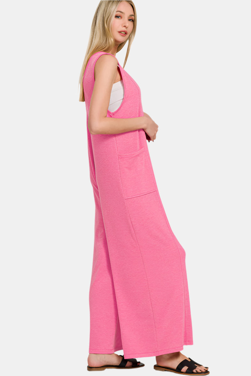 French Terry Deep V-Neck Jumpsuit / FUCHSIA