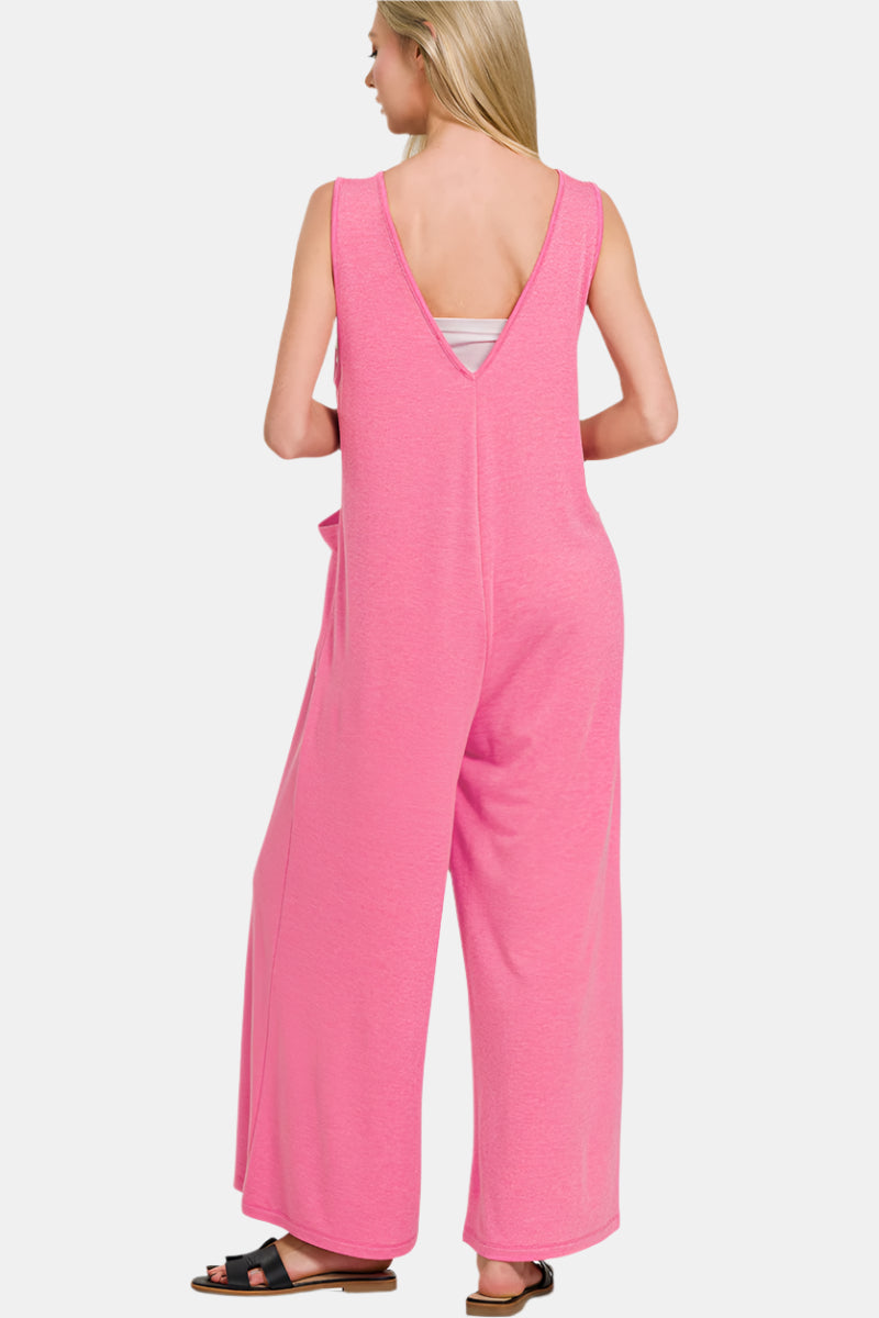 French Terry Deep V-Neck Jumpsuit / FUCHSIA