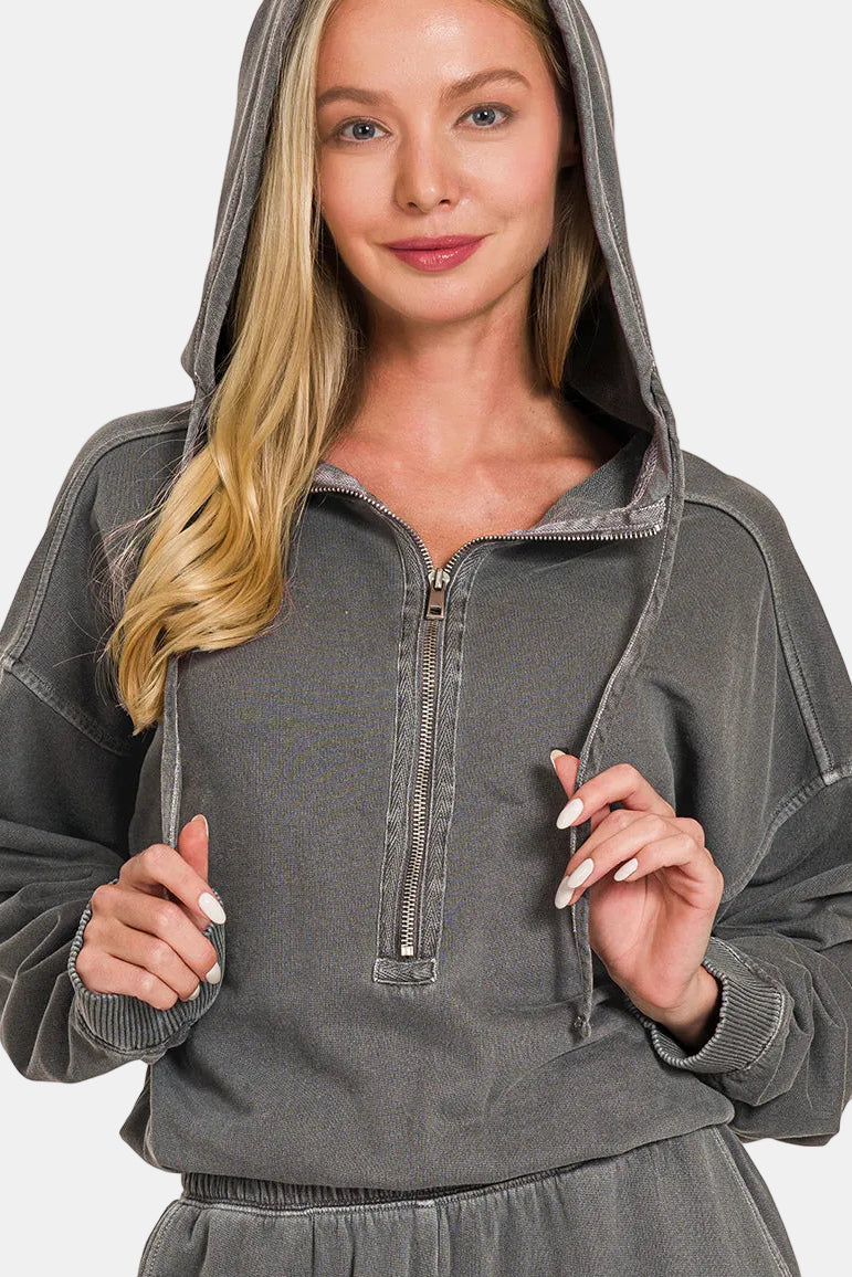 Enzyme Washed French Terry Hooded Jumpsuit / TEAL