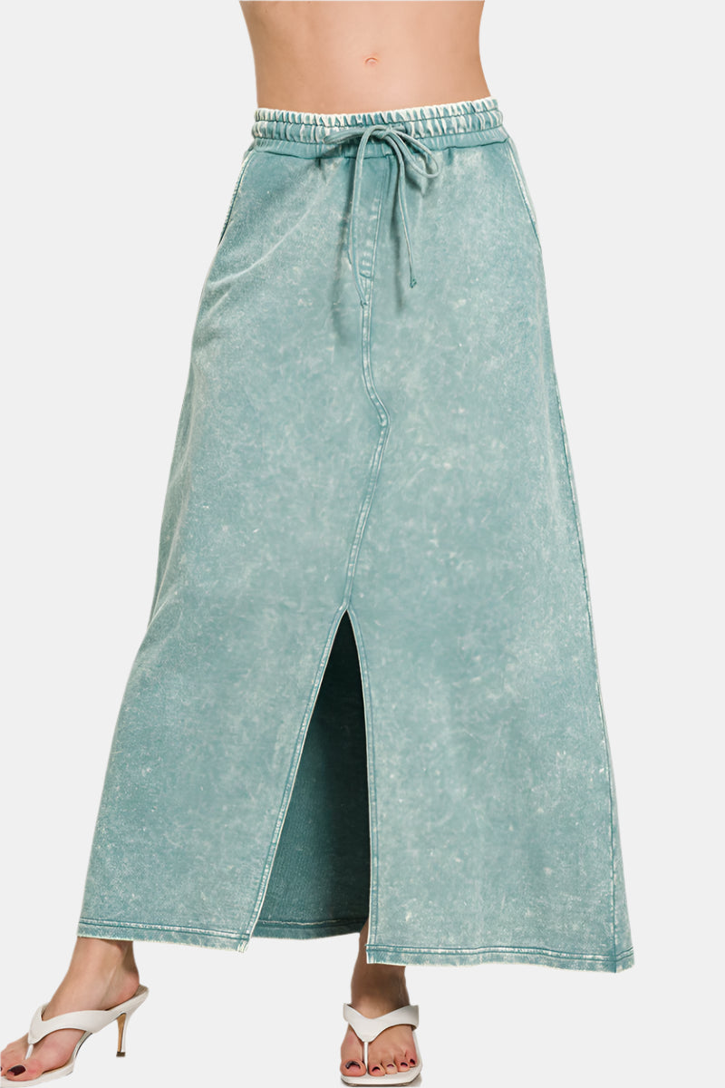 French Terry Acid Washed Front Slit Long Skirt / ASH BLUE