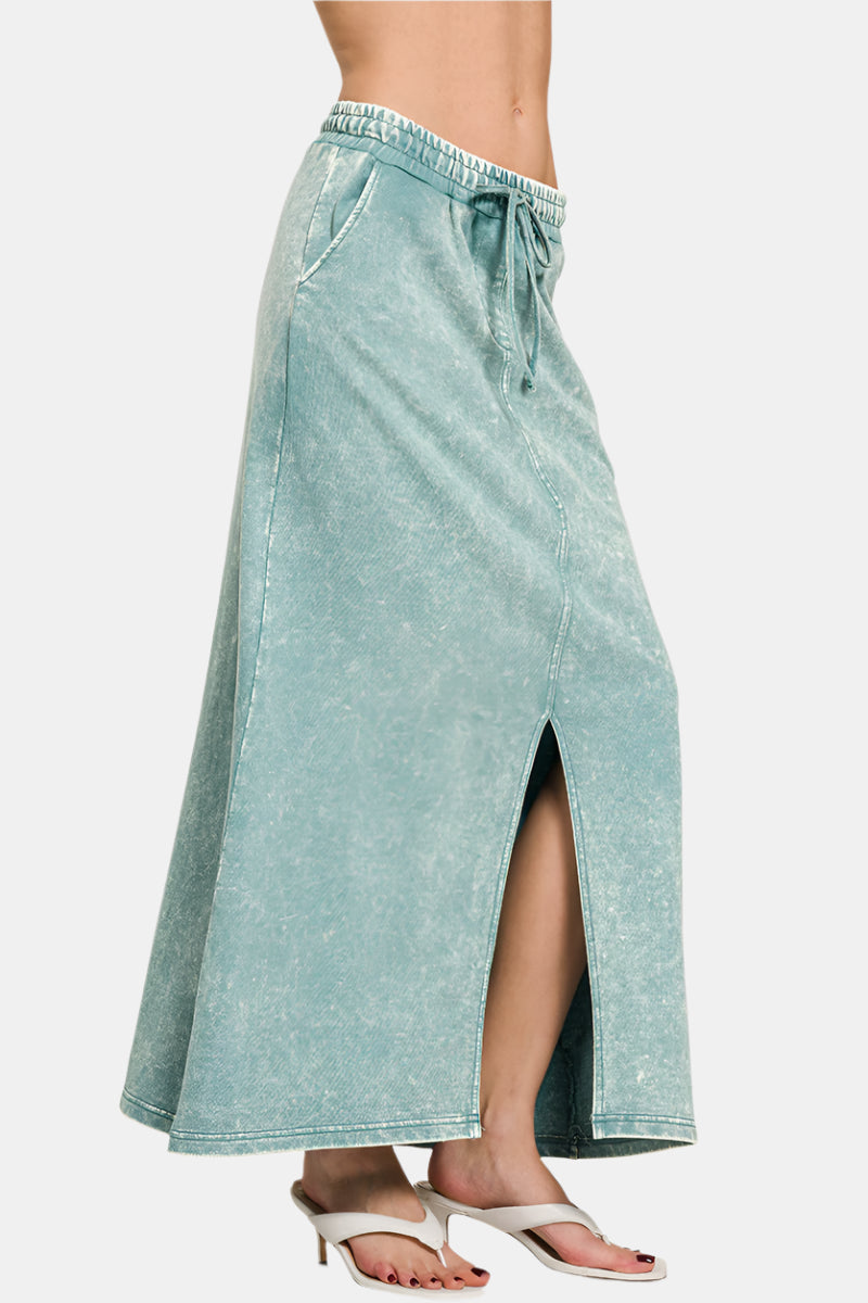 French Terry Acid Washed Front Slit Long Skirt / ASH BLUE