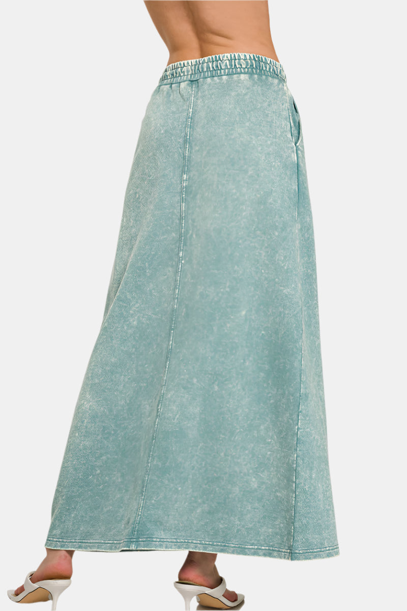 French Terry Acid Washed Front Slit Long Skirt / ASH BLUE