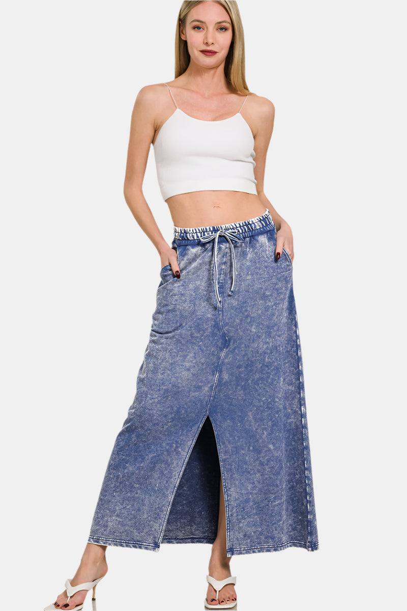 French Terry Acid Washed Front Slit Long Skirt / ASH BLUE