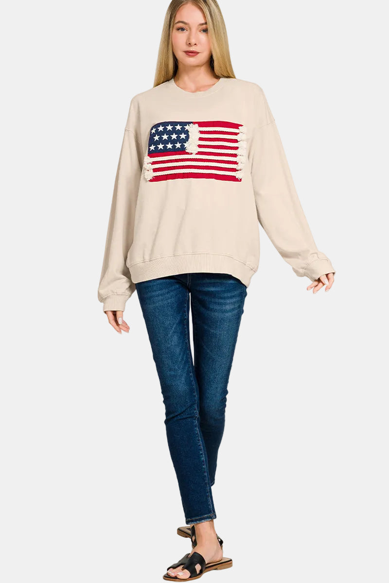 French Terry American Flag Pullover / BROWN