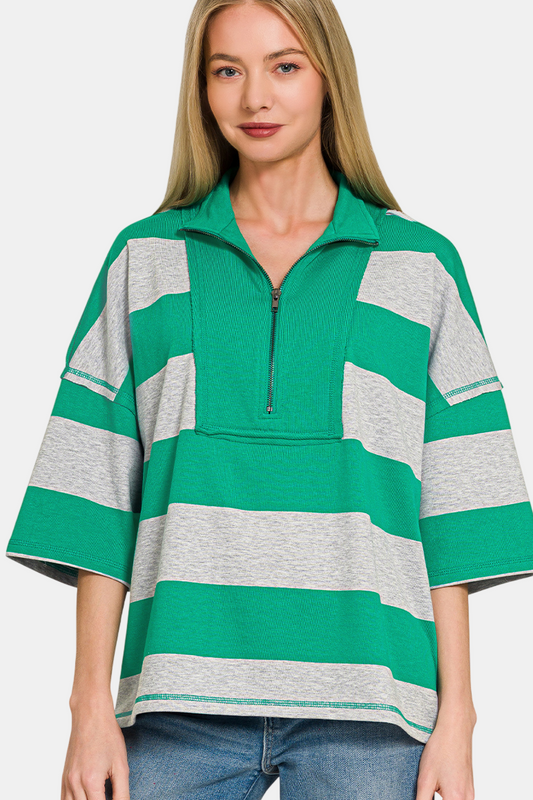 French Terry Striped Half Zip Top & Shorts Set / K GREEN