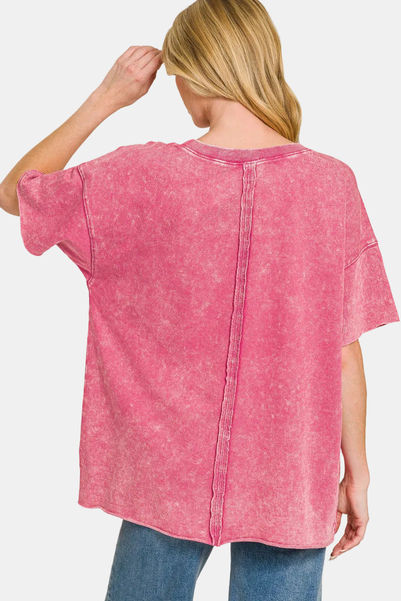 Acid Wash French Terry Drop Shoulder Raw Edge Top / FUCHSIA