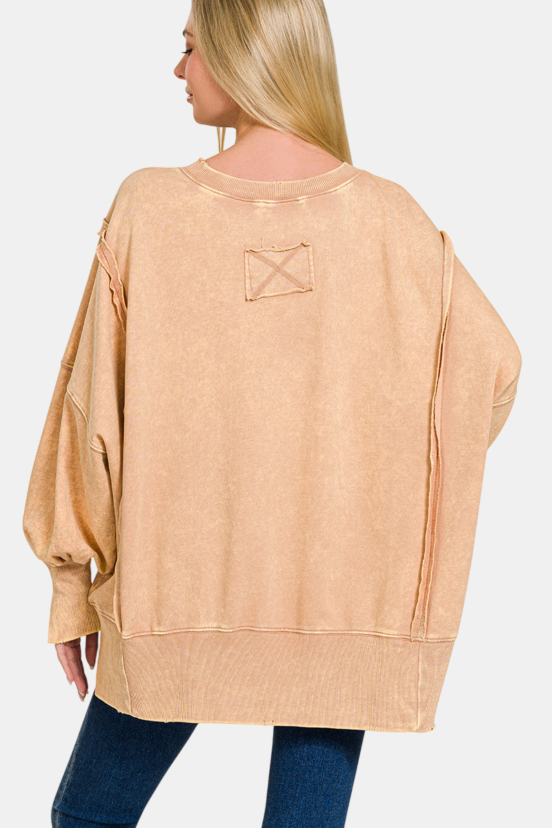 Acid Wash F/Terry Exposed-Seam Sweatshirt / MOCHA