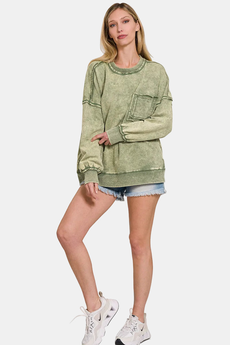 F/Terry Acid Wash Raw Edge Front Pocket Pullover / RUST