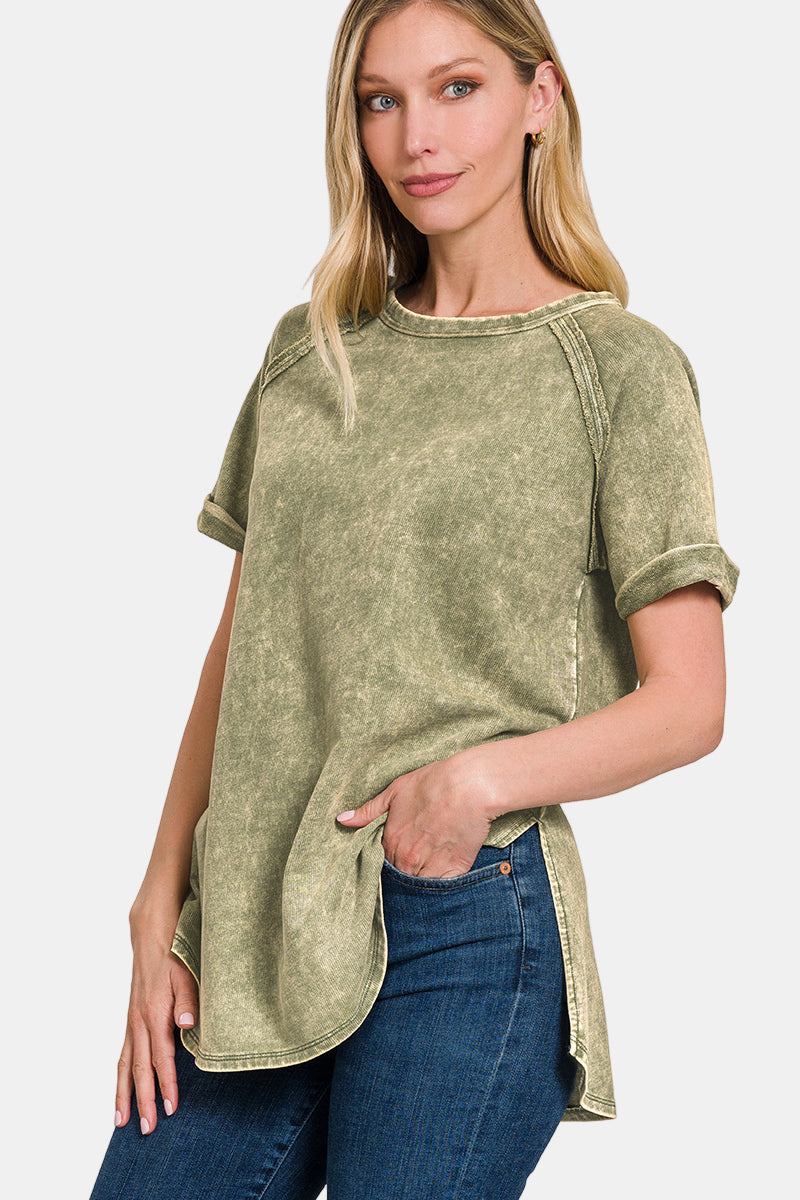 F/Terry Acid Wash Short Cuff Sleeve Pullover / LT OLIVE