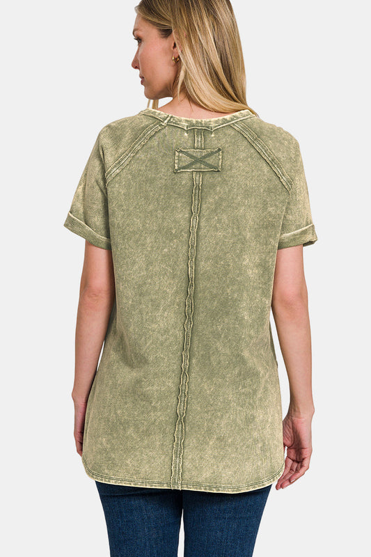 F/Terry Acid Wash Short Cuff Sleeve Pullover / LT OLIVE