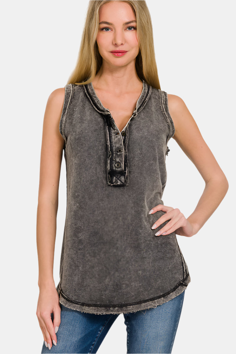 Washed Half-Button Raw Edge Sleeveless Henley Top / ASH BLACK