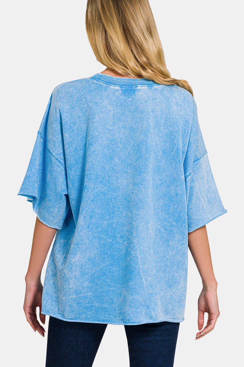 French Terry Washed Drop Shoulder Short Sleeve Top / CLASSIC BLUE