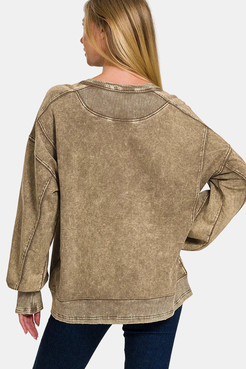 French Terry Acid Wash Pullover / LT OLIVE