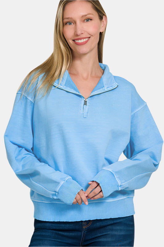 F/Terry Pigment Dye & Enzyme Washed Half Zip Top / DEEP SKY