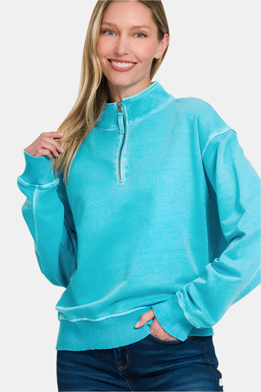 F/Terry Pigment Dye & Enzyme Washed Half Zip Top / ICE BLUE