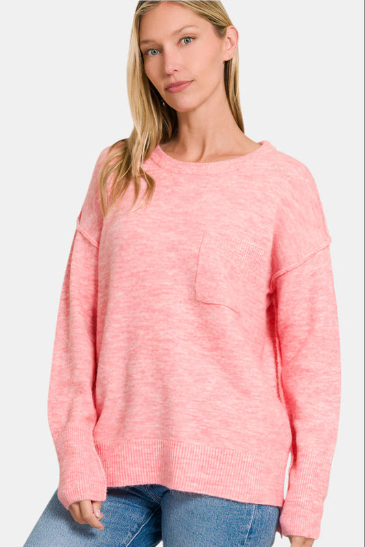 Melange Hi-Low Hem Round Neck Sweater / H DK PINK