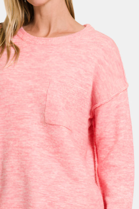 Melange Hi-Low Hem Round Neck Sweater / H DK PINK