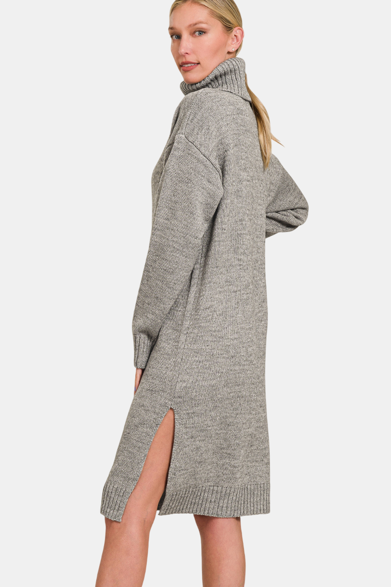 Turtle Neck Long Sleeve Midi Sweater Dress / BLACK