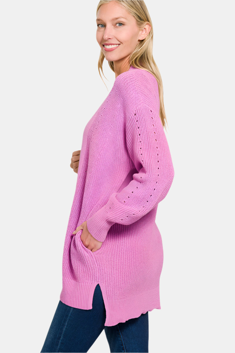 Eyelet Open Cardigan Sweater / BLACK