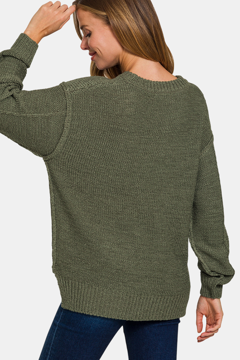 Exposed Seam Round Neck Sweater / DEEP CAMEL