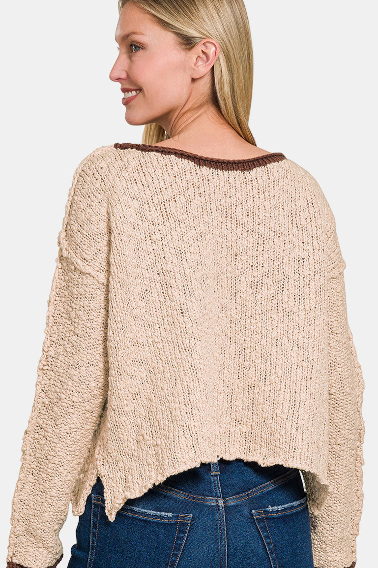 Contrast Trim Cropped Sweater / BLACK/IVORY