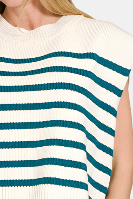 Oversized Crew Neck Stripe Sweater Vest / TEAL